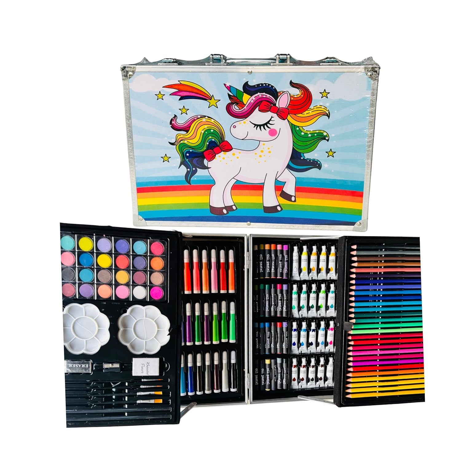 Premium 2-Layer Art Supplies Colouring Kit – 145 Pieces | Portable Case for Kids (3–10 Years)